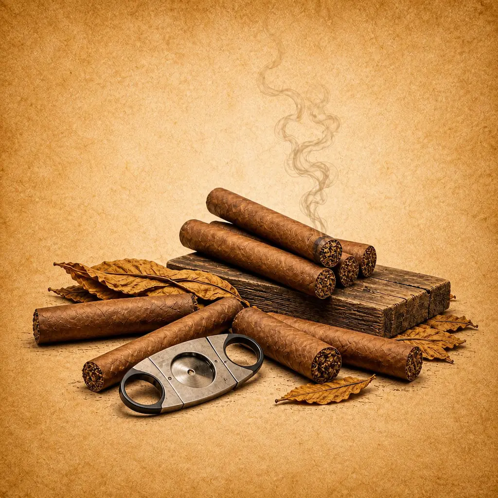 Cigarillos category image showing slim cigarillos with tobacco leaves and cutter on warm background Dubai